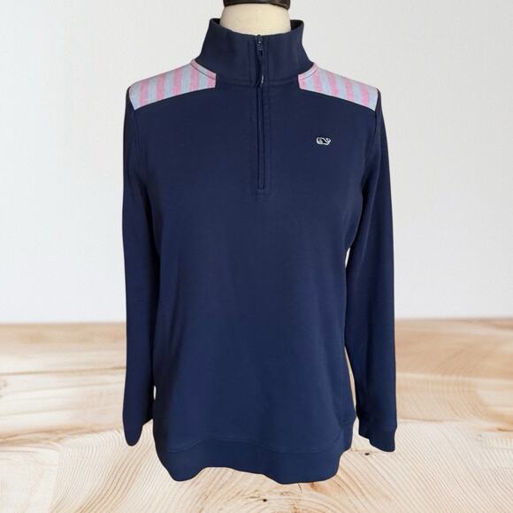 Vinyard Vines Navy Pullover Sweatshirt Sz L Womens 1/4 zip w Logo and Pink Gray - Picture 1 of 8